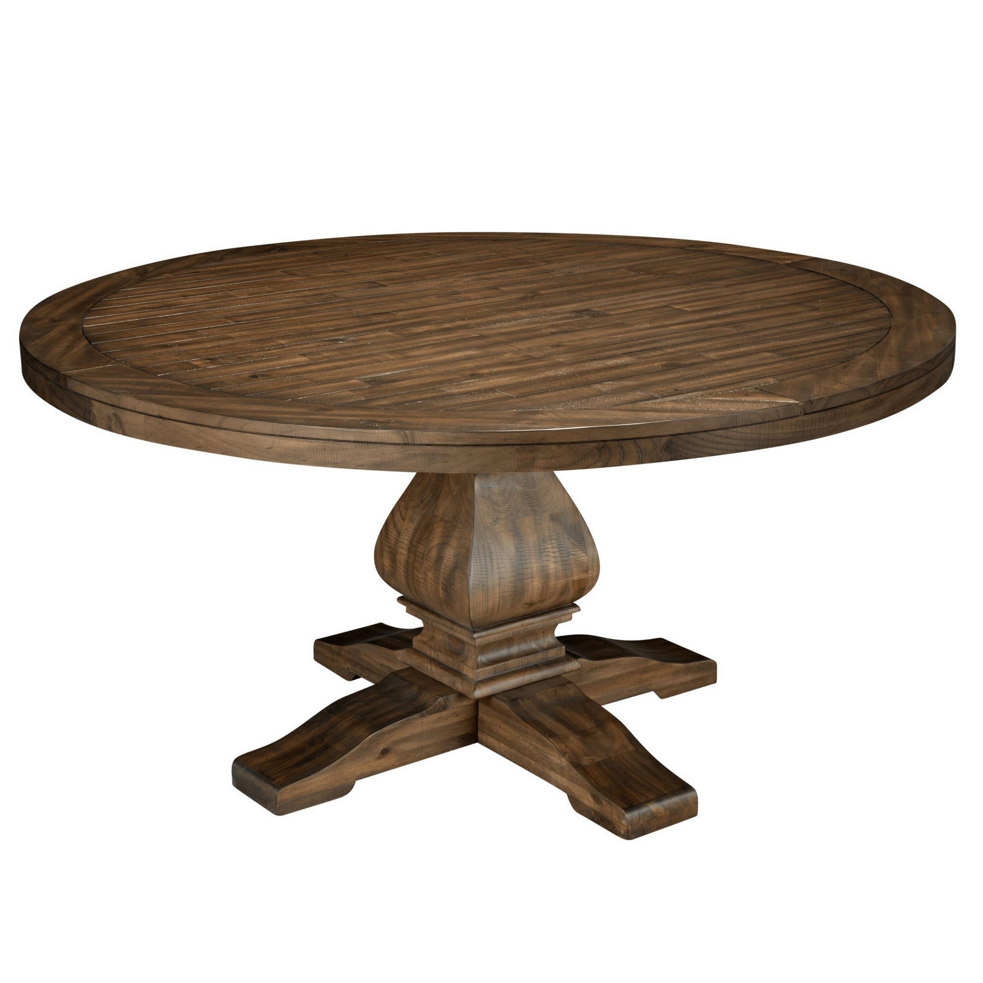 60 Inch Round Dining Table Carved Pedestal Base Reclaimed Walnut