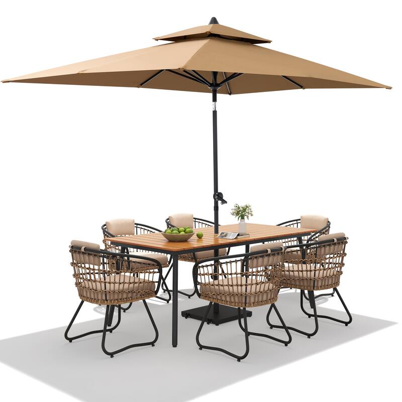 9/11-piece Outdoor Dining Set w/ Umbrella and Base Aluminum Dining Table and PE Rattan Chairs