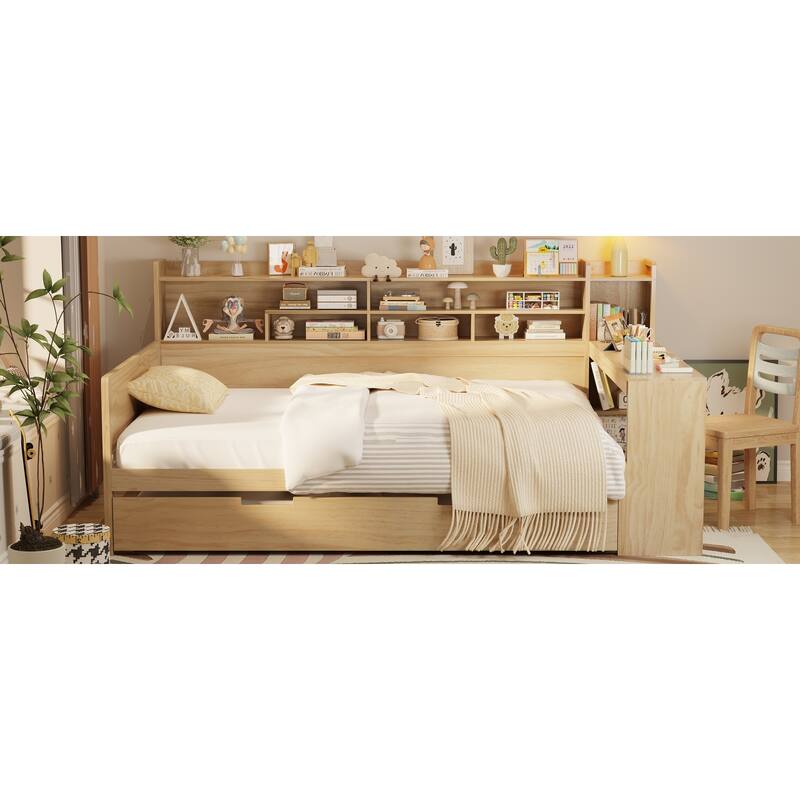 Wooden Full Size Daybed with Twin Trundle and Study Desk, Multi-functional Design with Storage Shelves, Bedroom Furniture