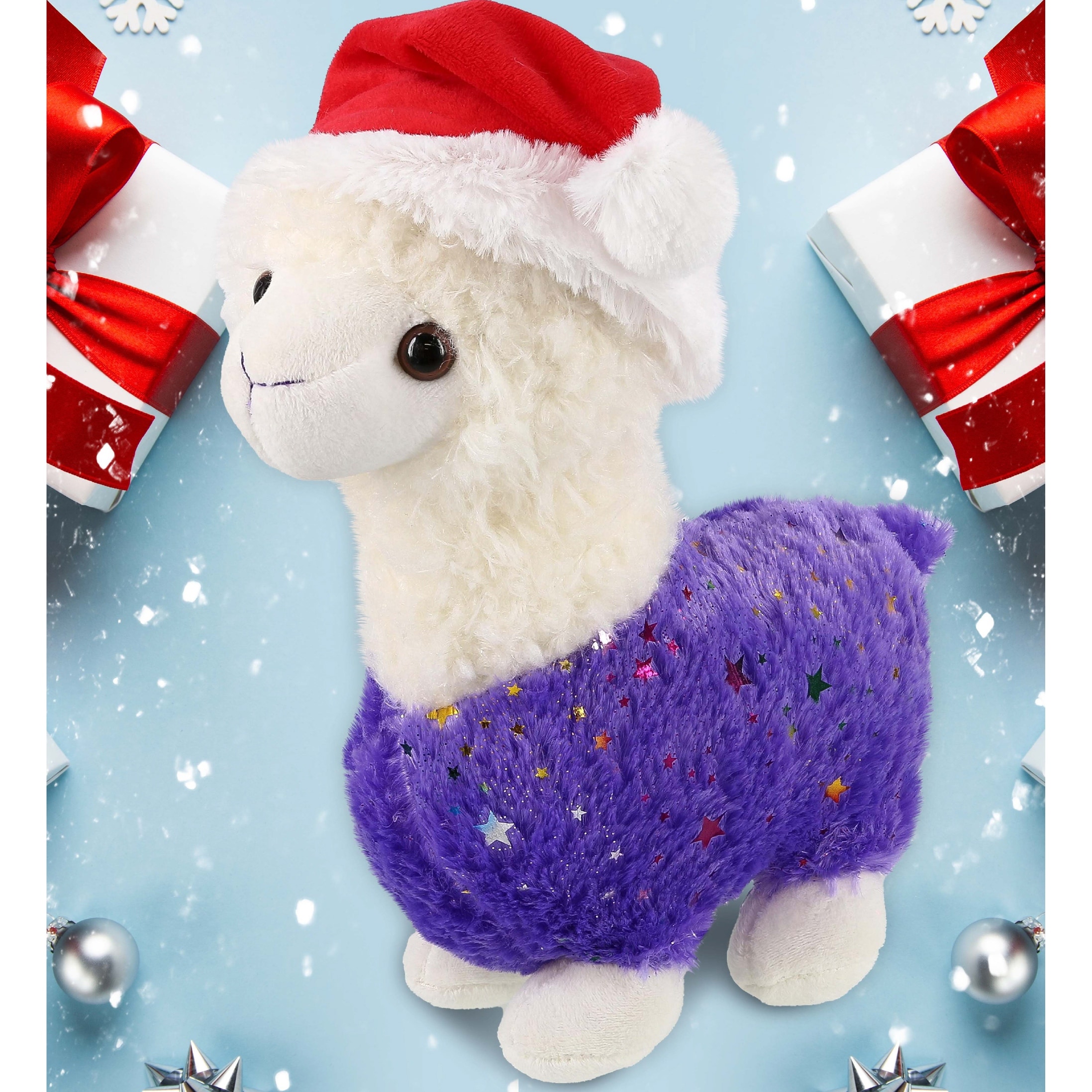 DolliBu Santa Sparkle Purple Llama Stuffed Animal Plush with Santa Hat 11.5 Inch