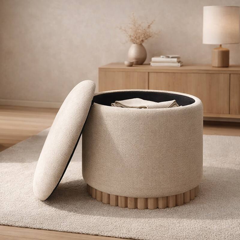 Modern Fabric and Solid Wood Round Storage Ottoman