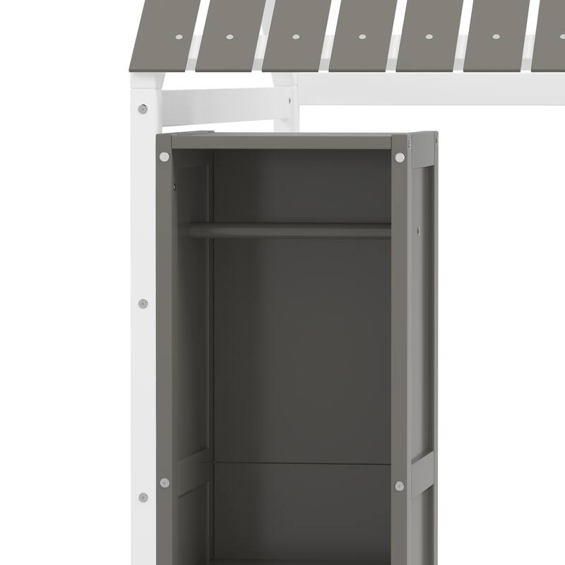 Wooden Twin Size House Bed with Fence and Roof, Kids Floor Bed with Two Movable Wardrobes, Gray