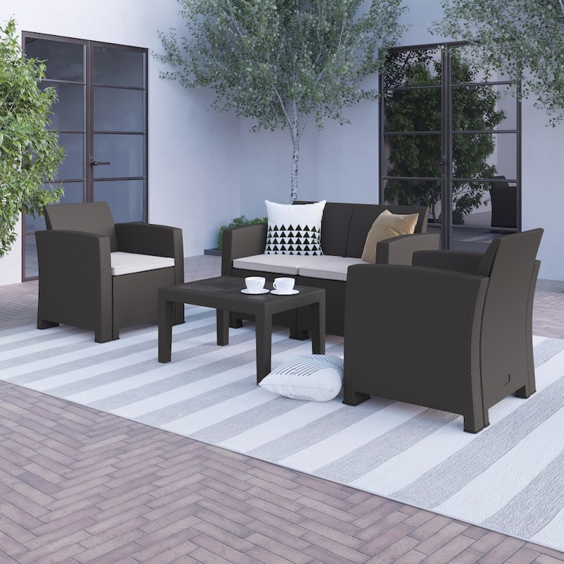 4 Piece Outdoor Faux Rattan Chair, Loveseat and Table Set - 27"D x 26.75" - 47"W x 30"H