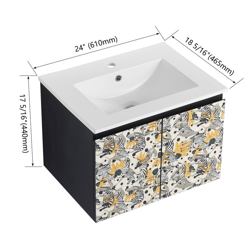 Plywood Wall-Mounted Bathroom Vanity Set in Black with Integrated Ceramic Sink