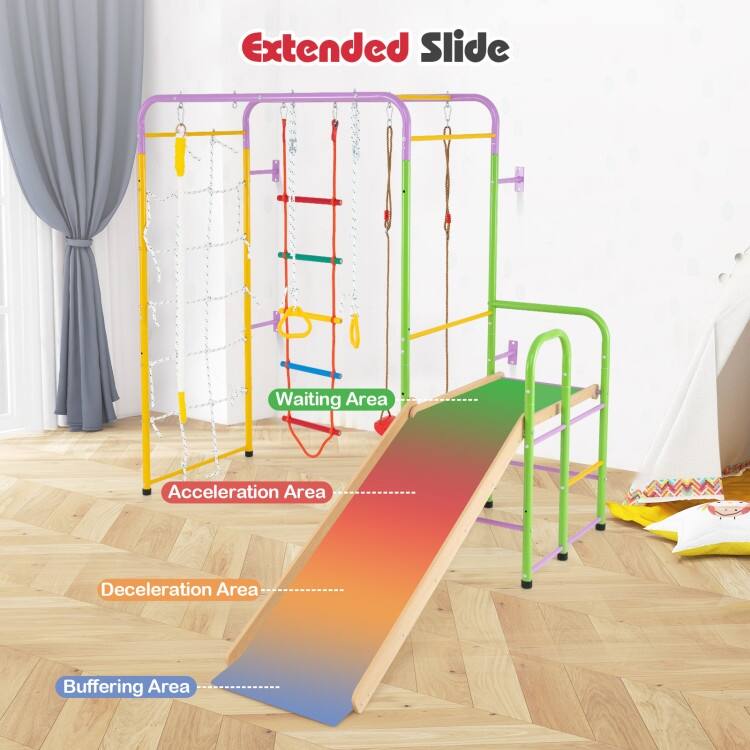 Multicolor Metal Plywood 8-in-1 Indoor Climbing Playset with Slide and Swing - Multi Color - 86" × 84" × 80"