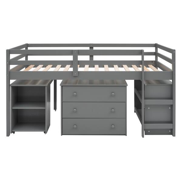 slide 2 of 19, Simple Style Twin Size Wood Loft Bed with Portable Desk,Cabinet and Shelves for Storage Gray
