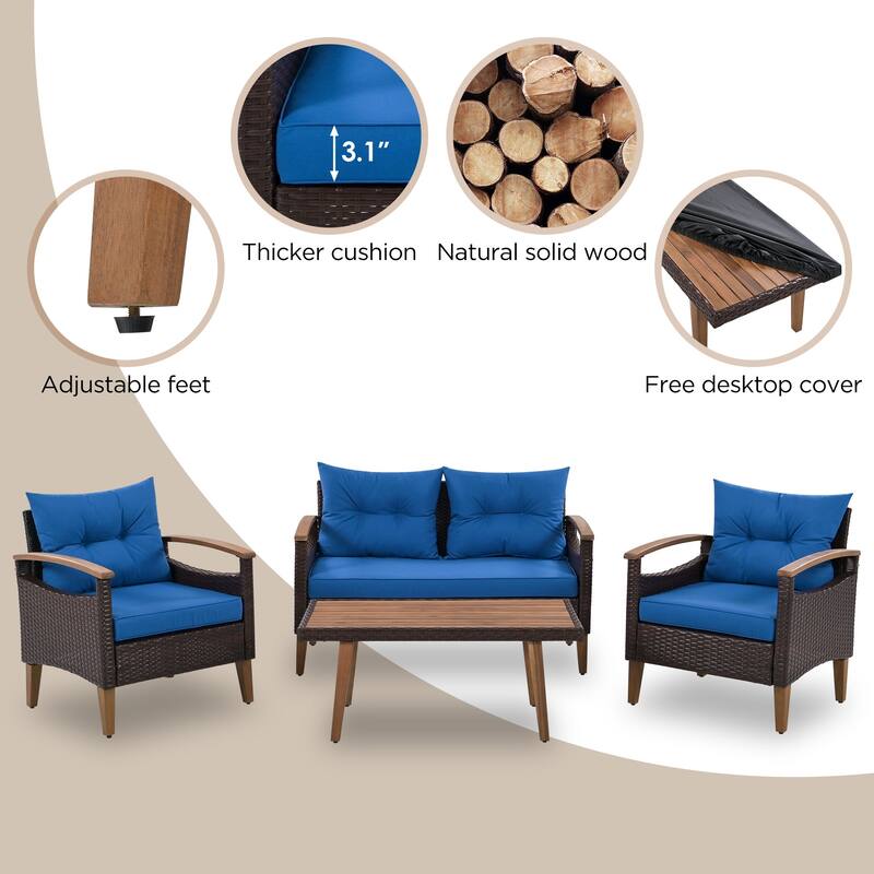 4-Piece Outdoor Wicker Patio Sofa Set with Wood Table and Removable Cushions