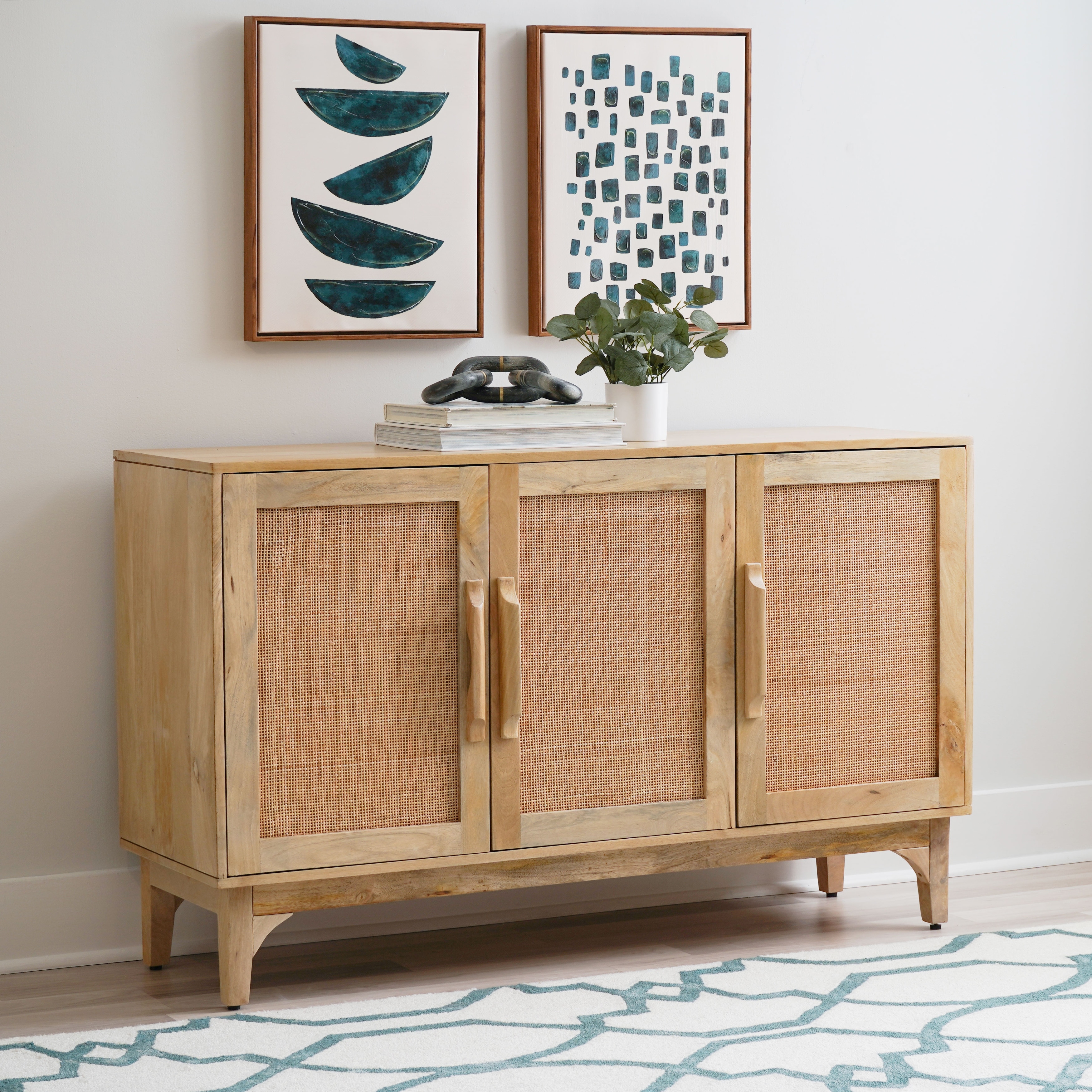 Linon Home Decor Spence Natural Mango Wood Cane 3 Door Cabinet