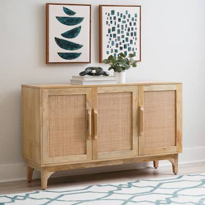 Spence Natural Mango Wood Cane 3-Door Cabinet