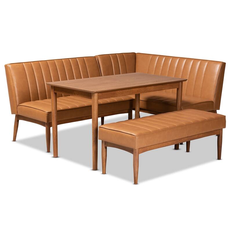 Daymond Mid-Century Upholstered and Walnut 4-PC Dining Nook Set - Tan