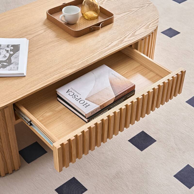 Medieval Modern Coffee Table Oval Coffee Table with Drawers and Hand-Carved Relief, for Living Room‌