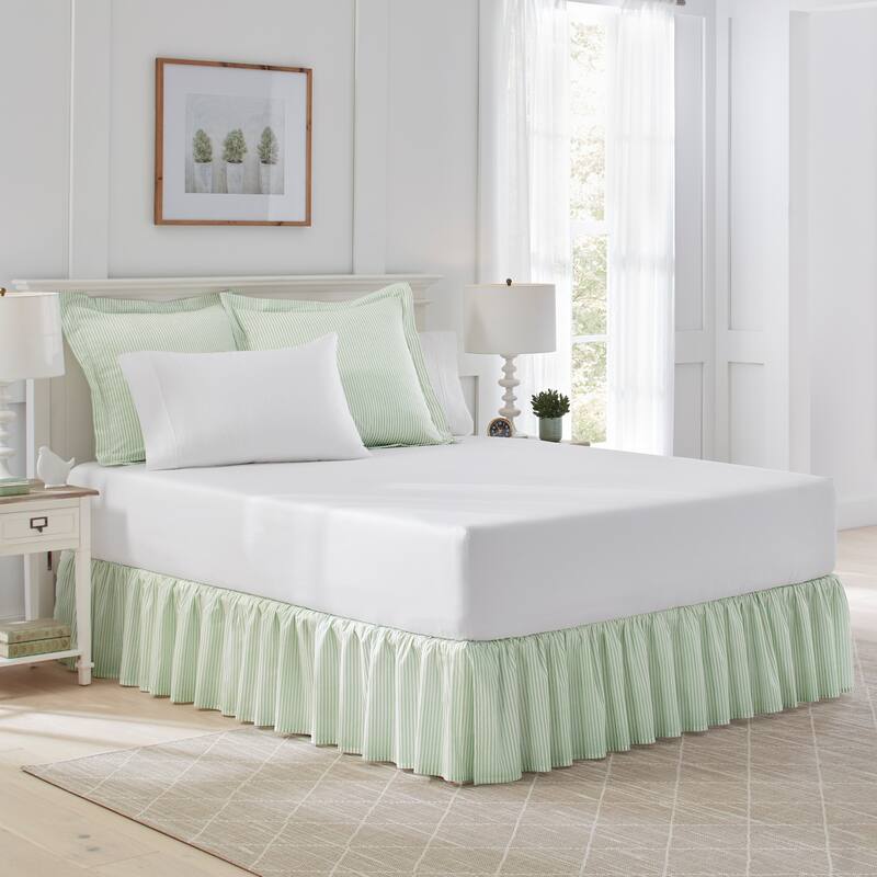 Laura Ashley Classics Printed Cotton Ruffled Bedskirt - Twin - Classic Ticking Stripe Green