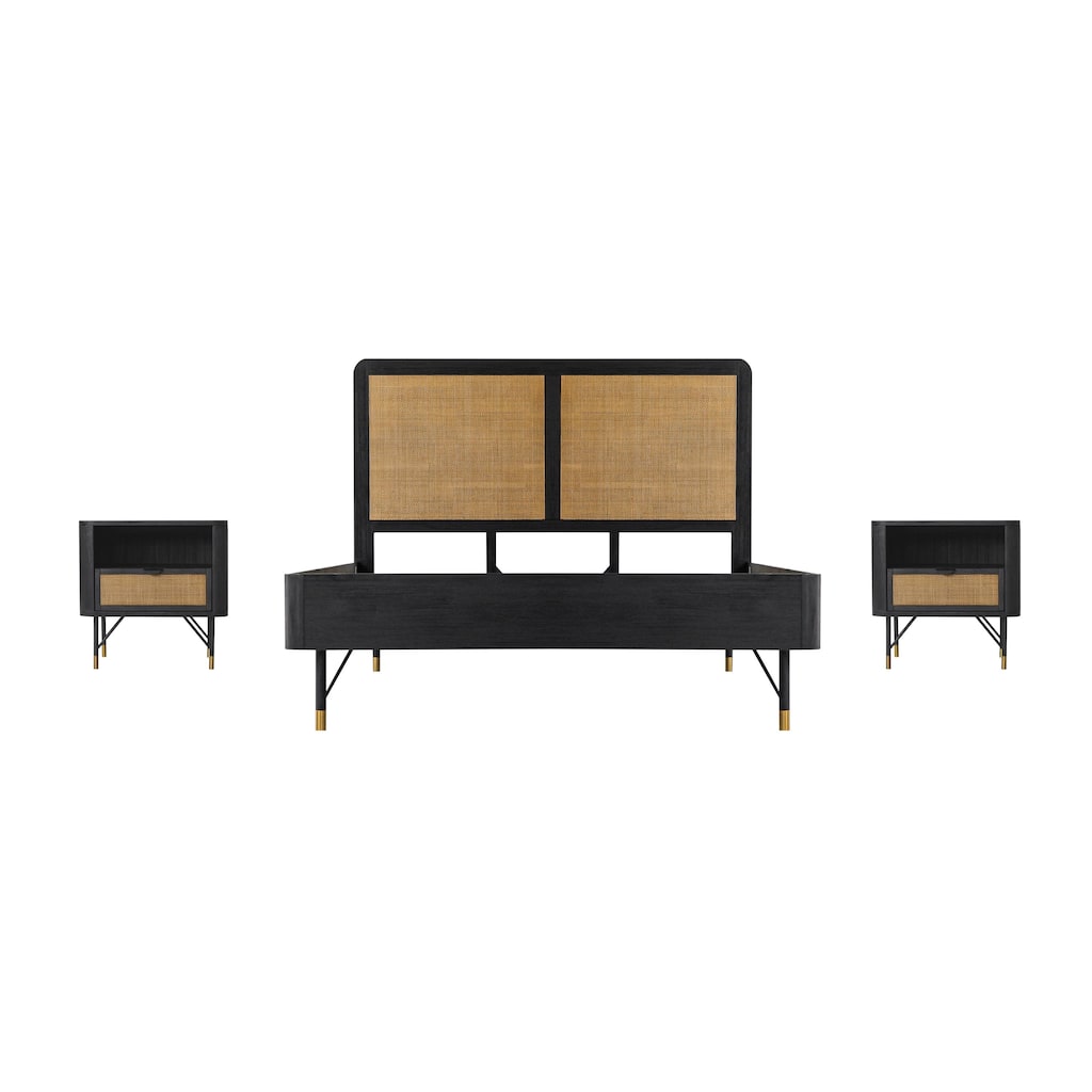 Theo 3pc Queen Bedroom Set w Rattan Headboard, 1 Nightstands, Black Acacia Wood