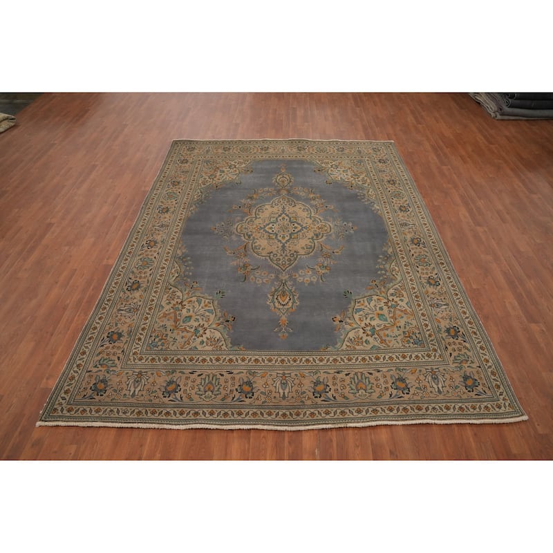 Hand Knotted Oriental 100% Wool Carpet Traditional Medallion Greys & Charcoal Tabriz Area Rug - 10' 6'' X 8' 0''