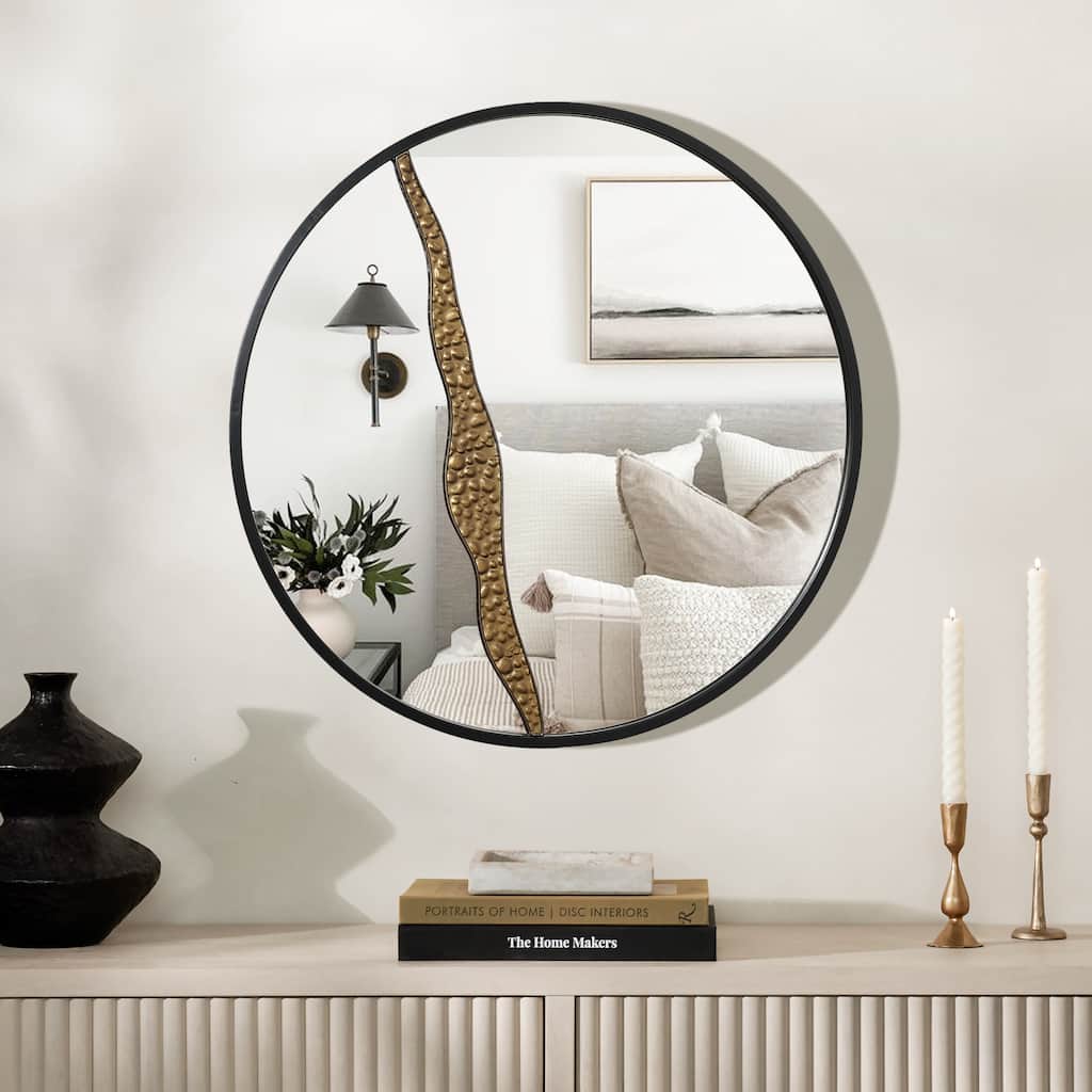 Goldrush Black Metal Frame Round Wall Mirror - 30" H x 30" W x 0.79" D