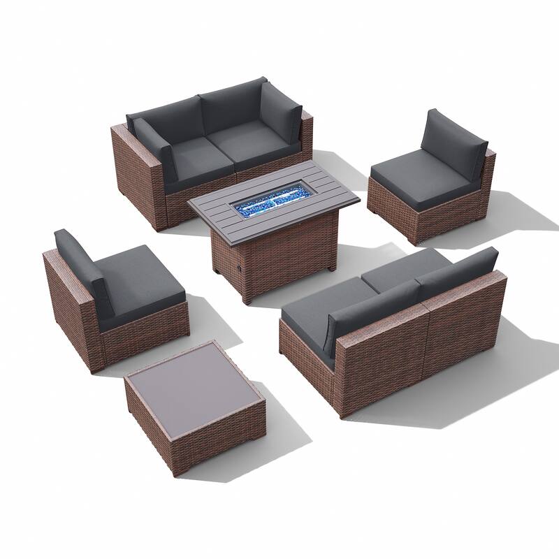 Outdoor 8 Pieces Sectional Wicker Sofa Set with Fire Pit