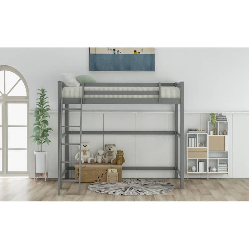 Modern Simple Style Twin Size Solid Pine Wood Loft Bed with Full Length Guardrail and Inclined Ladder