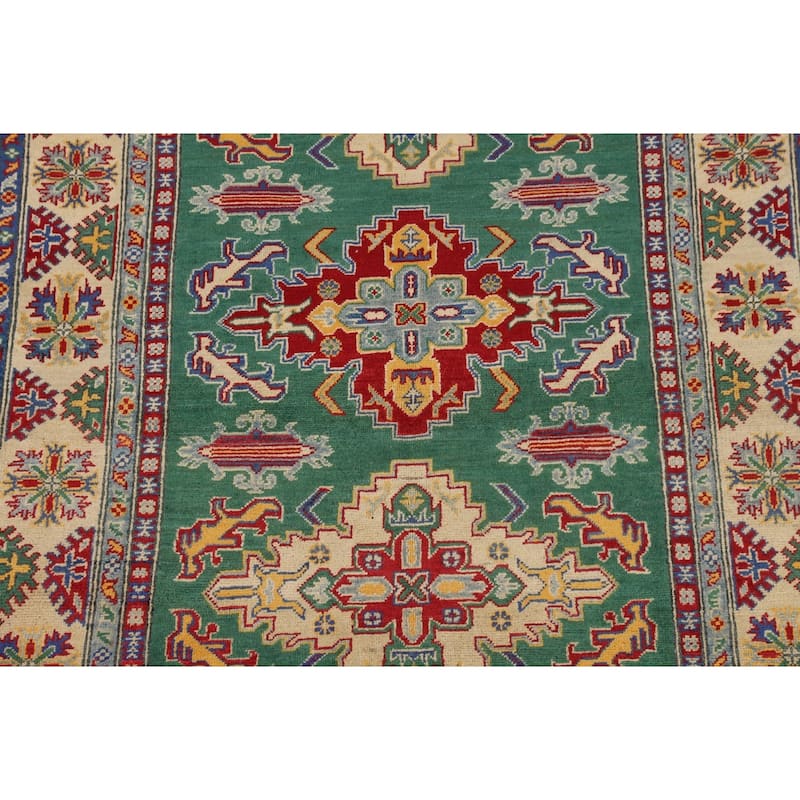 Green Geometric Kazak Oriental Area Rug Handmade Bedroom Wool Carpet - 5'0" x 6'7"