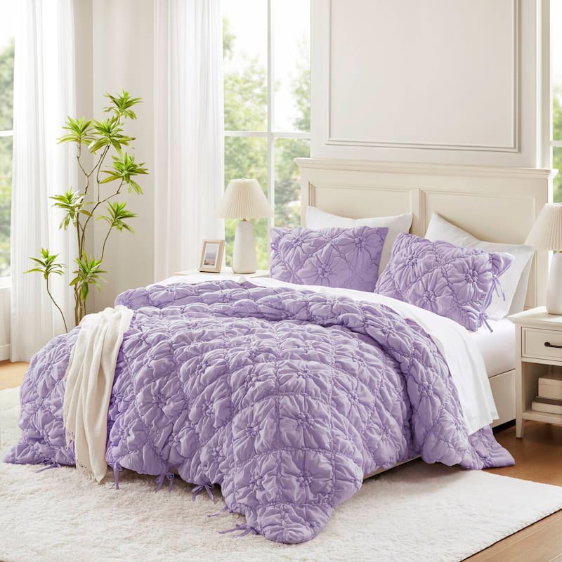 Rossetta 3-Piece King Extured Floral Cozy Puffy Design Comforter Set - Purple