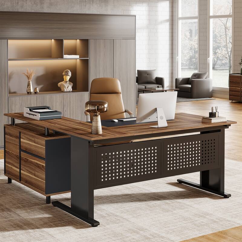 63-Inch L-Shaped Executive Desk with Storage Shelves