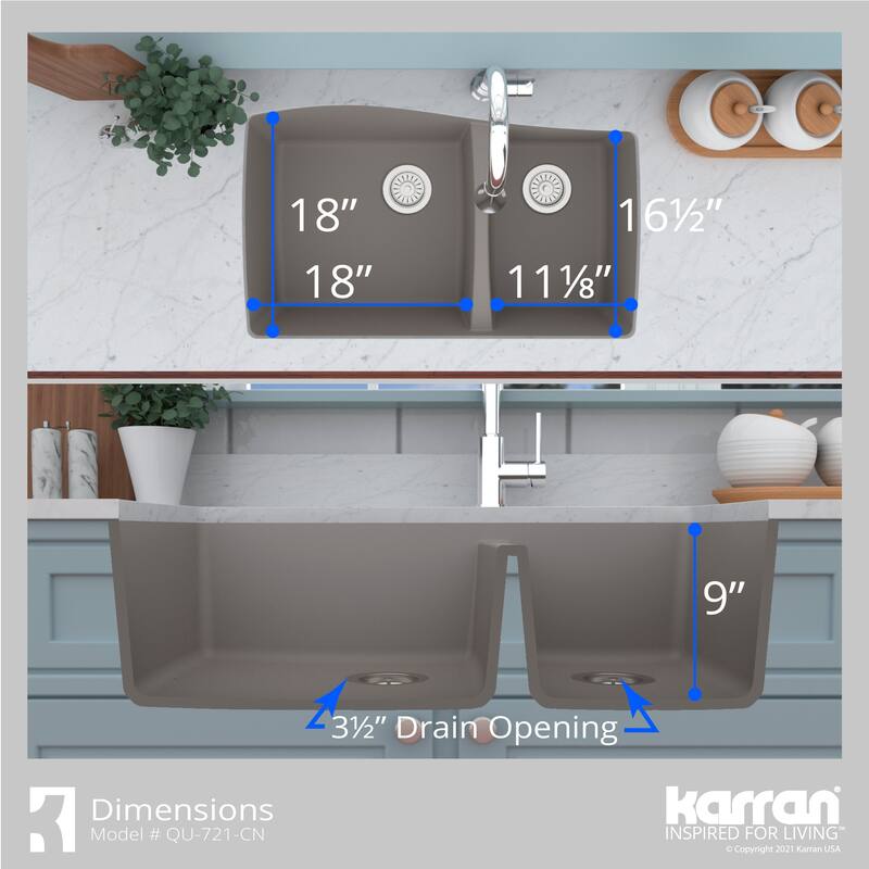 Karran Undermount Quartz 33 in. Double Bowl 60/40 Kitchen Sink with Bottom Grids and Strainers