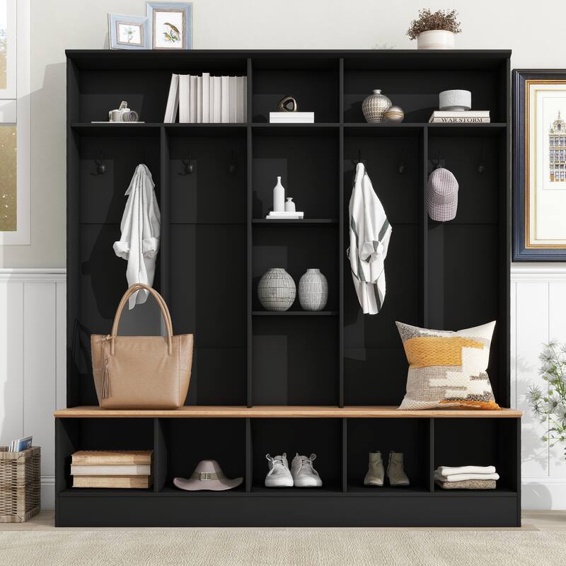 Wide Design Hall Tree with Storage Bench, Shoe Cabinet with Cube Storage & Shelves, Multifunctional Coat Rack with 8 Hooks