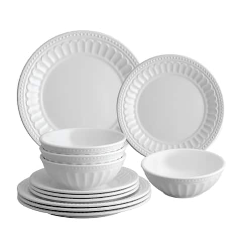 UPware 12-Piece Beaded Chateau Melamine Dinnerware Set, White
