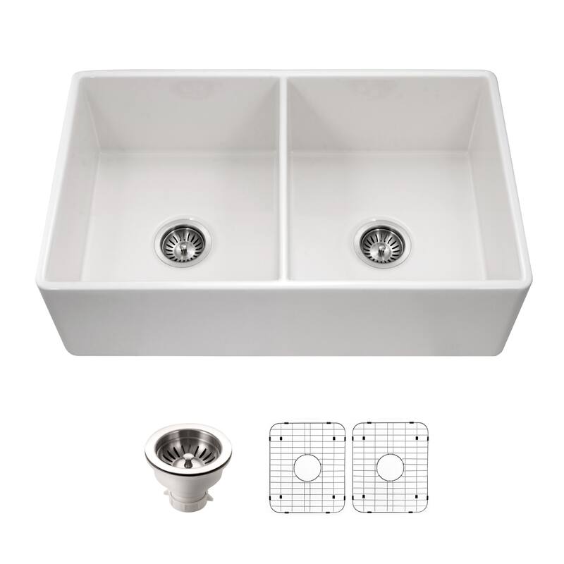 Houzer PTD-4400-C Platus 33" Farmhouse Double Basin Fireclay Kitchen - White