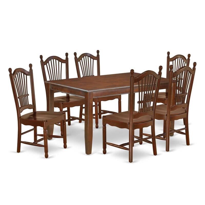 HomeStock 7-Piece Rectangle Mahogany Finish Solid Wood Top Dining Table with 6 Chairs with Lattice Back