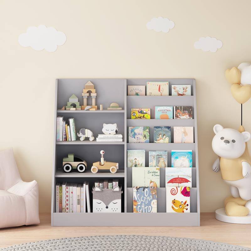 4-Tier Wooden Kids Bookshelf & Toy Organizer with Storage Bin, Modern Display Bookcase for Nursery Playroom