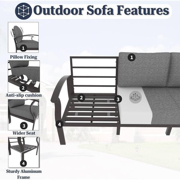 Aluminum Corner Sofa Set, Patio Outdoor Combination Sofa Set with Armrests and Foot Rests