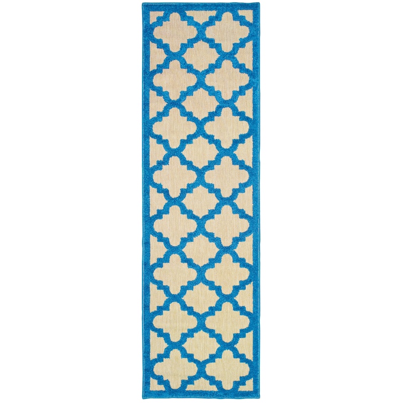 Style Haven Cara Mixed Pile Quatrafoil Lattice Indoor/ Outdoor Area Rug - 2'3" x 7'6" Runner - Blue/Sand