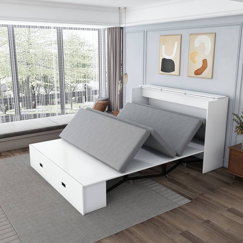 Full Size Murphy Bed, with Storage Drawers and Charging Cabinet, with Foldable Panels, with Swivel Wheels, Noise-Free