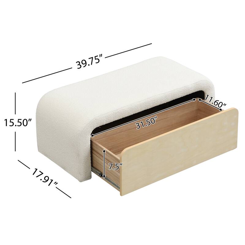 Roomfitters Upholstered Storage Ottoman with Drawer and Rounded Corners, Modern Entryway Bench, White