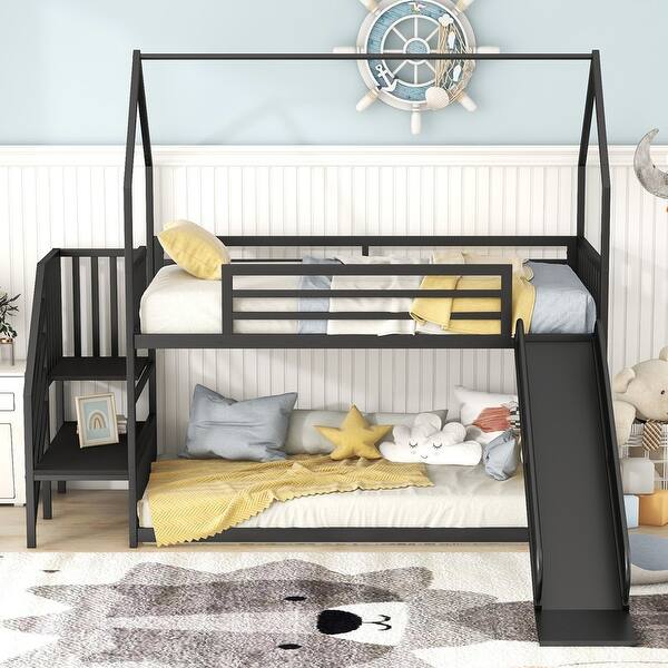 slide 2 of 14, Twin over Twin Size Metal Bunk House Bed with Convertible Staircase Black