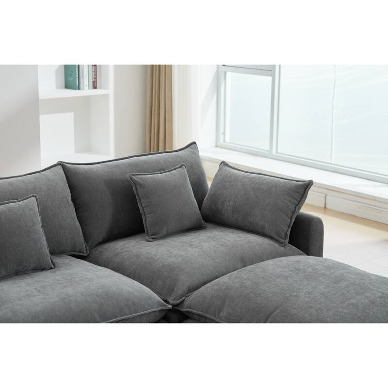L-Shaped Modular Sectional Sofa with Removable Ottoman, Chenille Upholstered 3-Seater Sofa, Deep Seat Sofa with Pillows