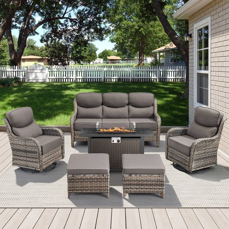Arcadia 6-Piece PE Wicker Patio Seating Set with Durable All-Iron Fire Pit and 6-Inch Cushions