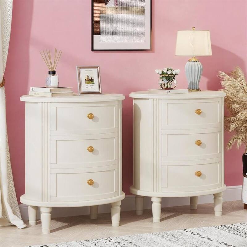 Beige White Oval Nightstand, Fully Assembled