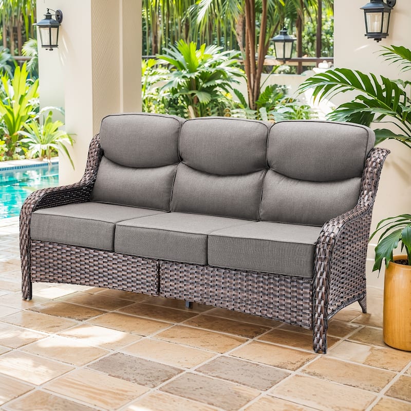 Outdoor Sofa with 6-Inch Thick Cushions Furniture for Porch - Brwon Wicker Grey Cushion - Only Sofa