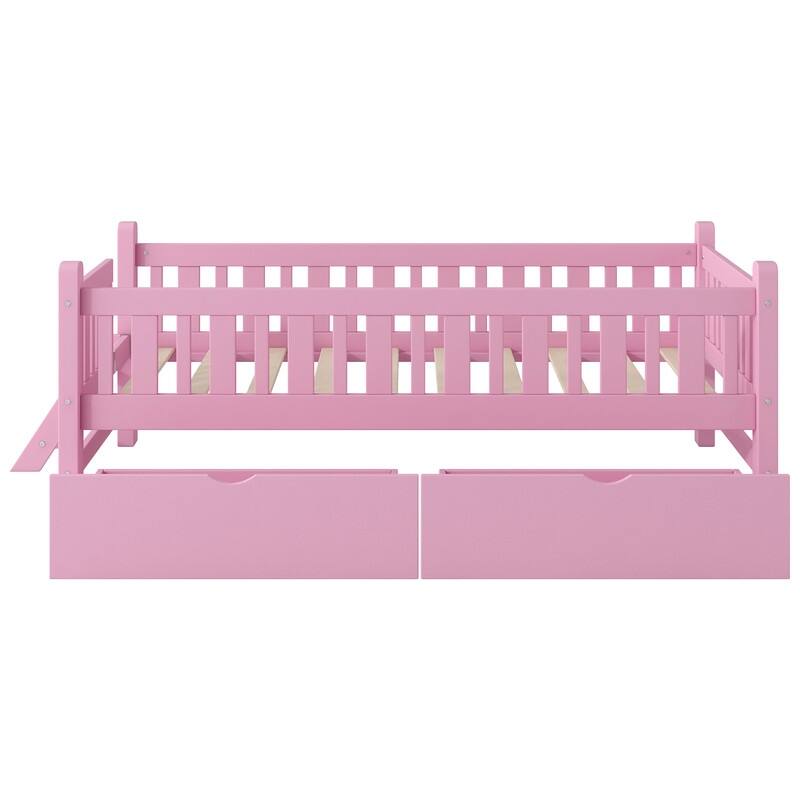 Wood Twin Size Platform Bed with Guardrail and 2 Drawers