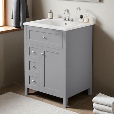 24" Bathroom Vanity with Sink, MDF & Rubberwood, 3 Drawers and Cabinet with Adjustable Shelves, Modern Freestanding Design