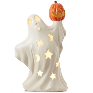 PreLit Ceramic Halloween Ghost Holding Pumpkin HandPainted Decor