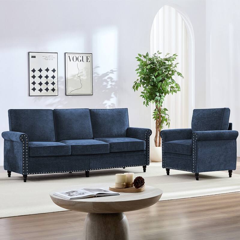 Mixoy Chenille Fabric 3-Seater Sofa Couch with Single Sofa Chair with Rivet Design,Solid Wood Gourd Legs for Living Room - 3+1 - Navy Blue-3+1 - 2 Piece