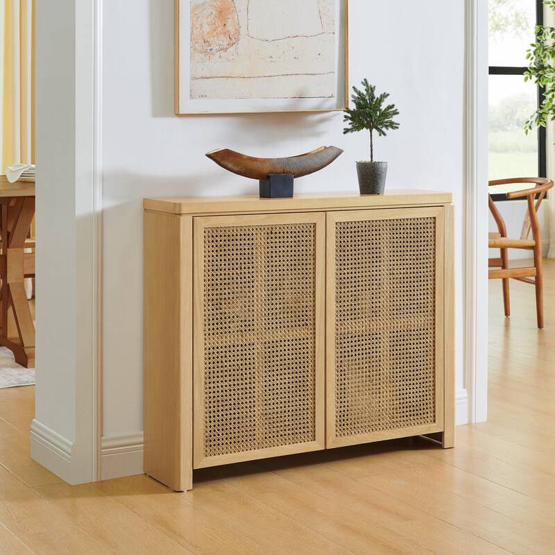 Mid Century Modern Rattan Sideboard Buffet Cabinet with 2 Outlet Holes