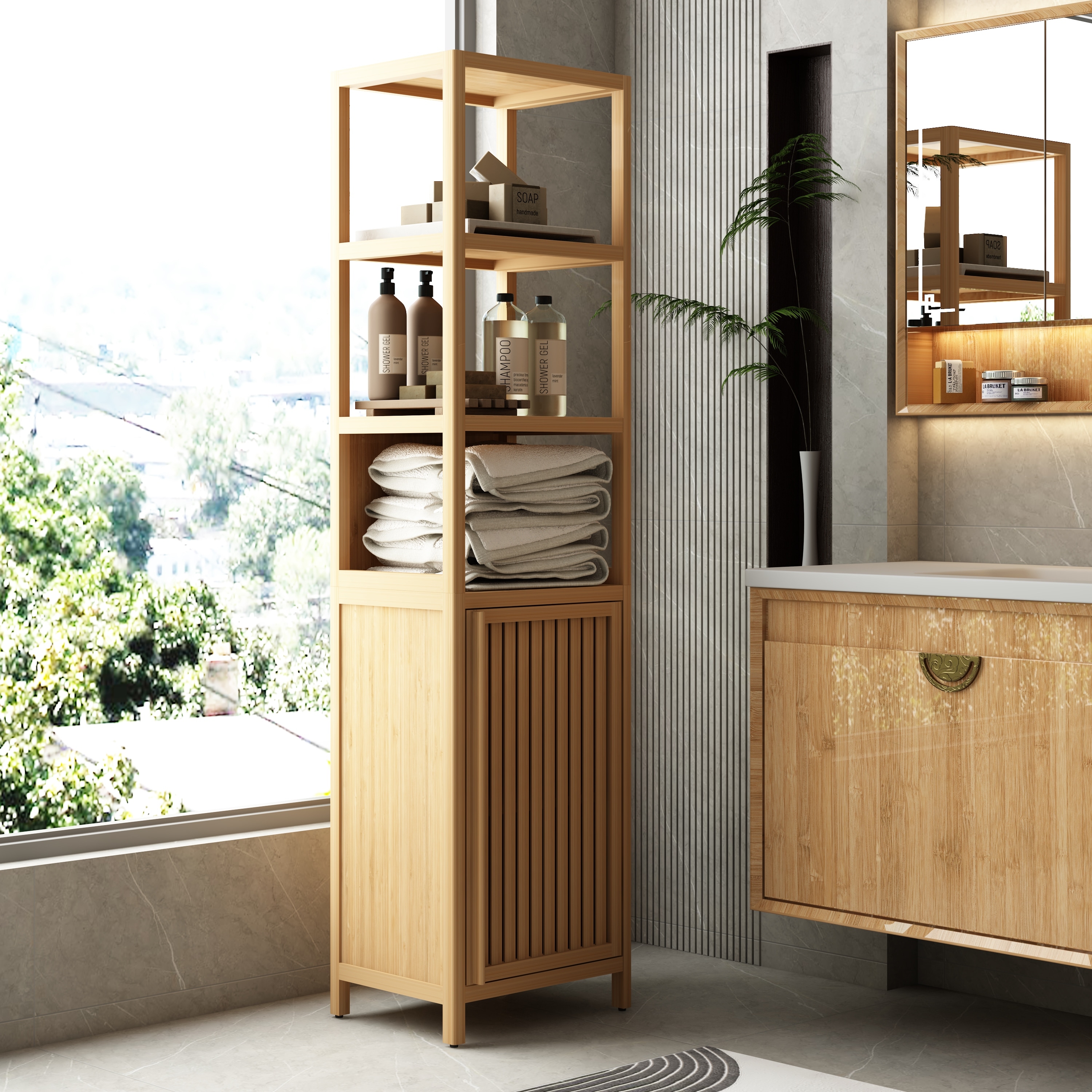 GDFStudio - 64.7" Tall Slim Freestanding Bamboo Linen Tower Organizer Storage Cabinet with Shutter Door and 3-Tier Open Shelves