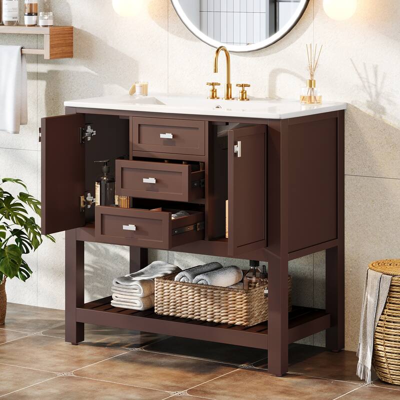 35.4 Inches Single Bathroom Vanity with Ceramic Sink Top, 3 Drawers & 2 Cabinets