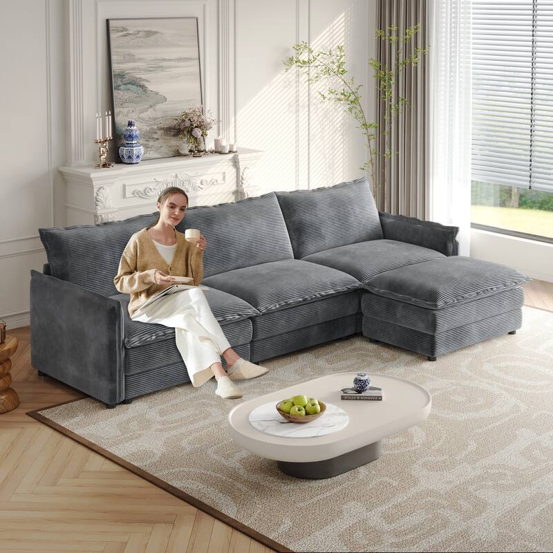 Living Room Cloud Sofa with Ottoman Chaise, 3-seater Upholstered Sectional Couch Corduroy Daybed Deep-seat Recliner Sofas
