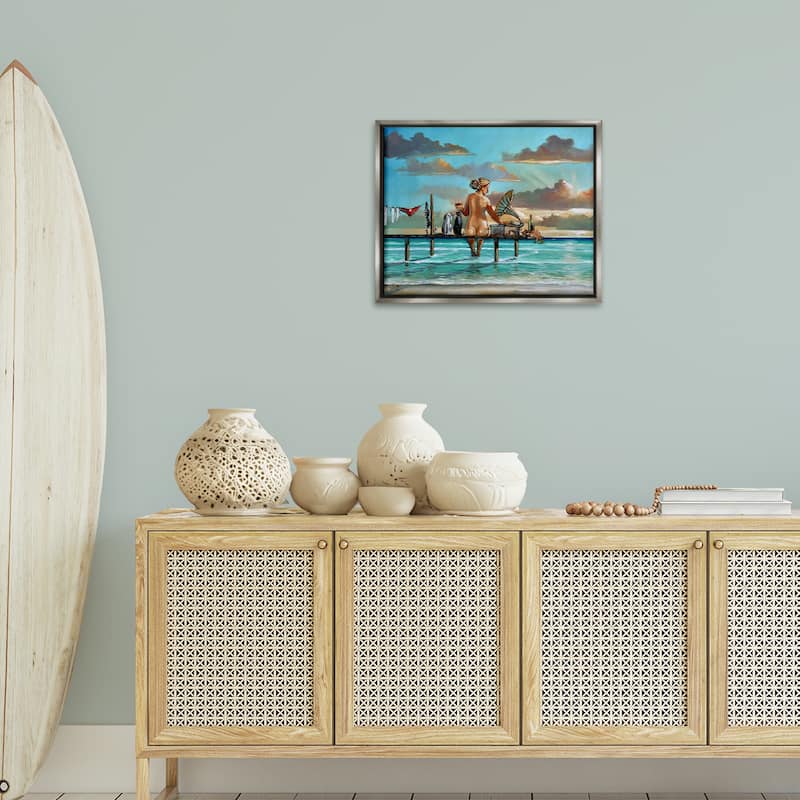 Stupell Woman & Cats Beach Sunset Framed Floater Canvas Wall Art Design By Ronald West