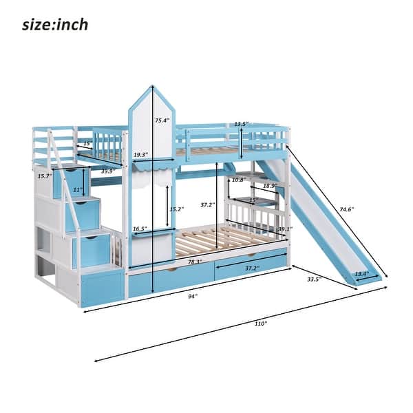 dimension image slide 0 of 4, Castle Style Bunk Bed with 2 Drawers 3 Shelves and Slide