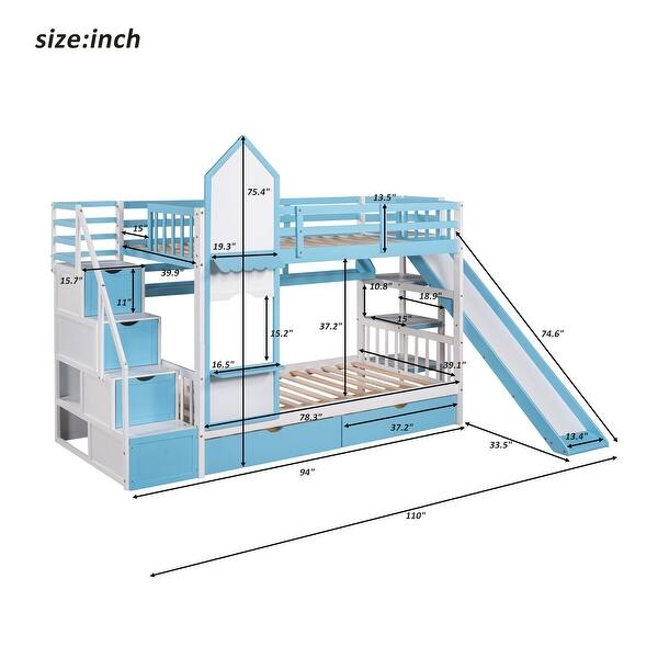 dimension image slide 0 of 4, Playhouse Inspired Twin-Over-Twin Castle Style Bunk Bed with 2 Drawers 3 Shelves and Slide